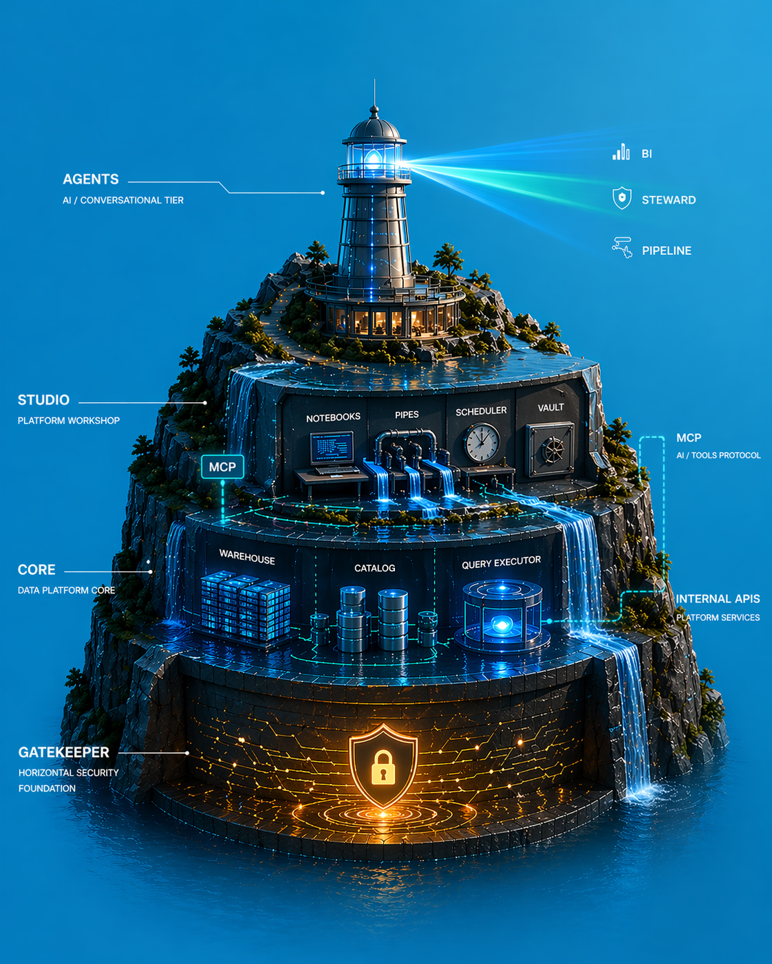 Data Island platform architecture — layered view showing Gatekeeper security foundation, Core data platform, Studio workshop, and Agents AI tier